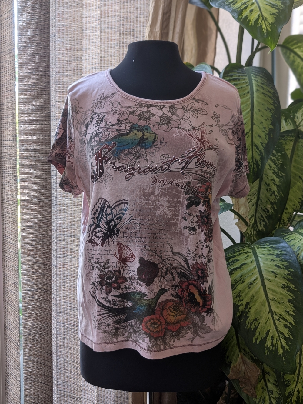 Susan Lawrence Pink Short-Sleeve Tee with Floral, Bird & Butterfly Print Sz 2xl